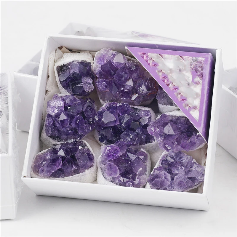 Natural Purple Water Crystal Cluster Original Color Bare Stone Purple Crystal Blocks Mineral Label Gift Box Set
