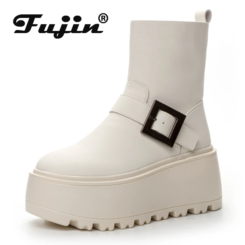 Fujin 8cm New Synthetic Cow Genuine Leather Winter Plush Spring Knee High Ankle Boots Woman ZIP Motorcycle Autumn Fashion Shoes