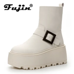 Fujin 8cm New Synthetic Cow Genuine Leather Winter Plush Spring Knee High Ankle Boots Woman ZIP Motorcycle Autumn Fashion Shoes