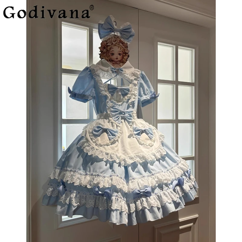 파란색과 흰색 일본 메이드 복장 소녀 로리타 2D 게임 애니메이션 코스프레 드레스 여성 로리타 푹신한 공주 드레스