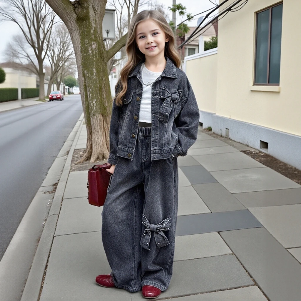 

Teens School Girls Denim Set Autumn Fashion 2pc Outfit Trendy Flower Design Jacket Wide Leg Jeans Stylish Casual Wear Blue/Black