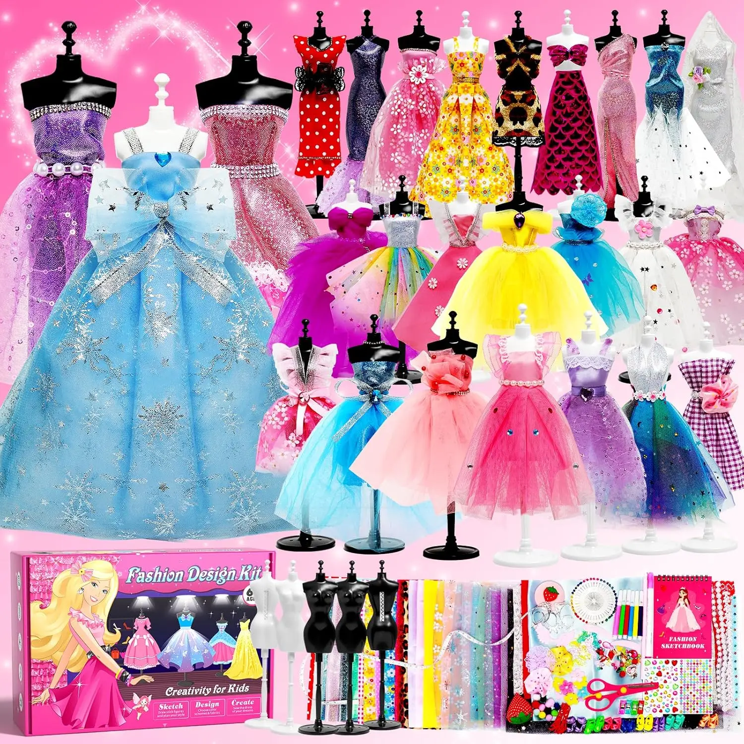 

1500+PCS Fashion Designer Kit with Sketchbook & 5 Mannequins, DIY Arts & Crafts Sewing Kit for Girls Birthday Gift Ages 6-12+