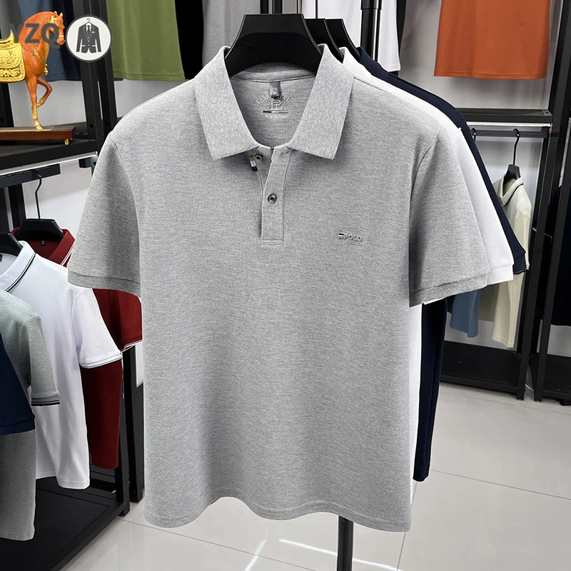 Mens thin pique knit short sleeve polo top lapel single button placket slim elastic business daily simple casual garment