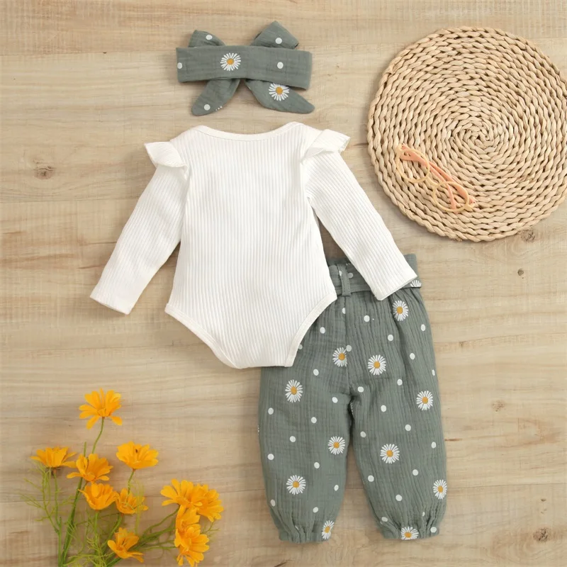 0-24M Infant Baby Girls 3PCS Romper Sets Long Sleeve Plain Ribbed Snap Romper + Daisy Ruched Long Pants with Belt + Bow Headband