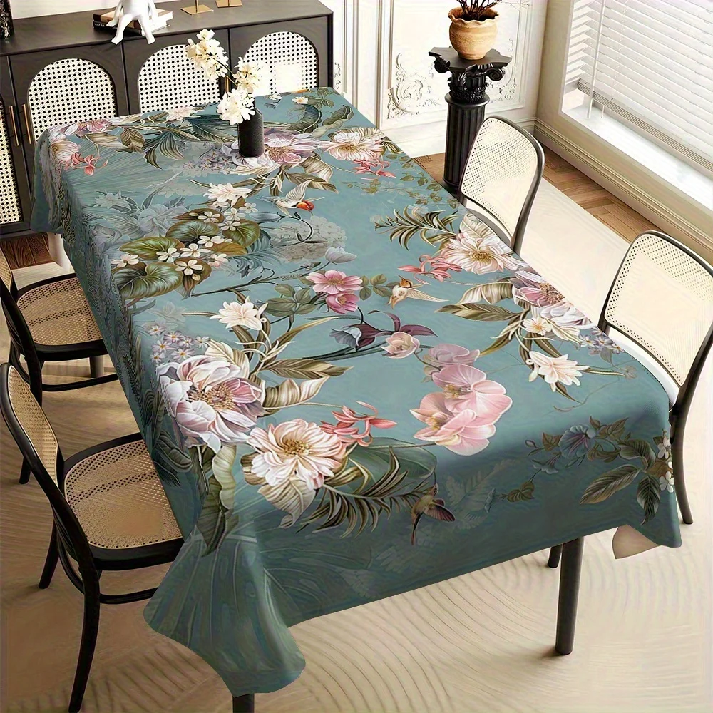 1pc Floral Print Tablecloth - Durable Polyester Rectangular Table Cover with Vibrant Flower Pattern on Teal Background,  Parties, and Home Decor, Elegant Smooth Texture