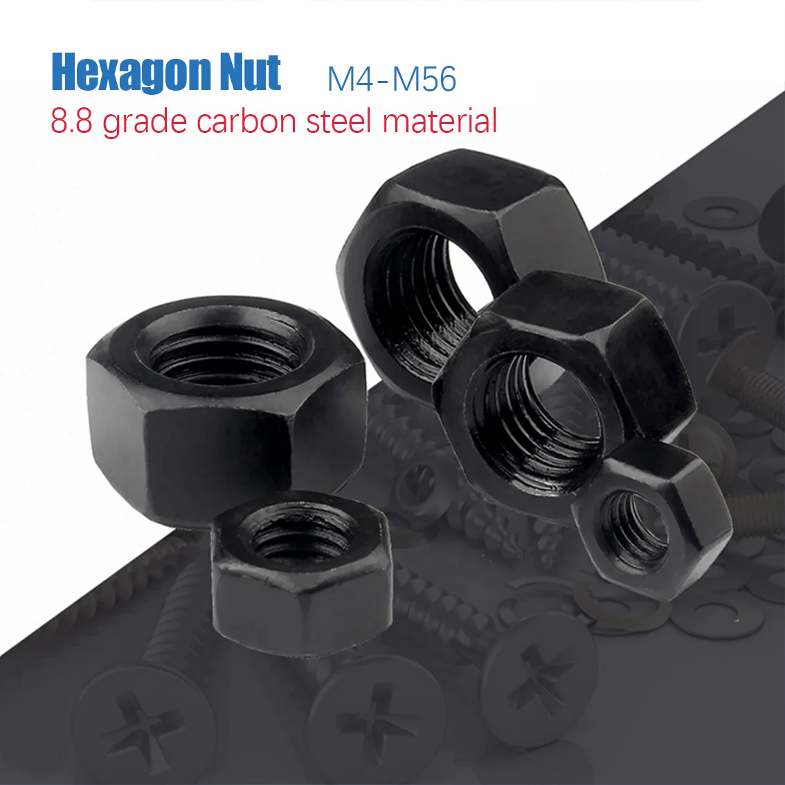 1~5 Pcs Metric Thread M4 M5 M6 M8 M10 M12 M14 M16 M18 M20 M22 M24 M27 M30 M36-M48 M56 High Strength Black Carbon Steel Hex Nut