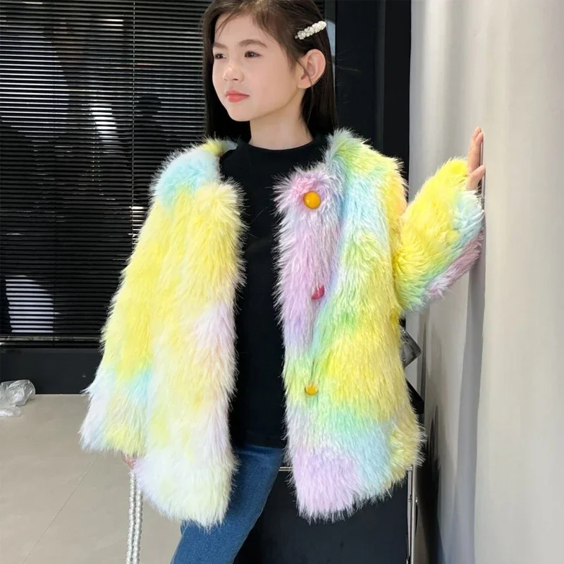 Girls Tie Dye Fur Jackets Winter Children's Faux Fox Fur Coat Kids Thickened Padded Fur Outerwear Girls Multi-colored Fur Tops