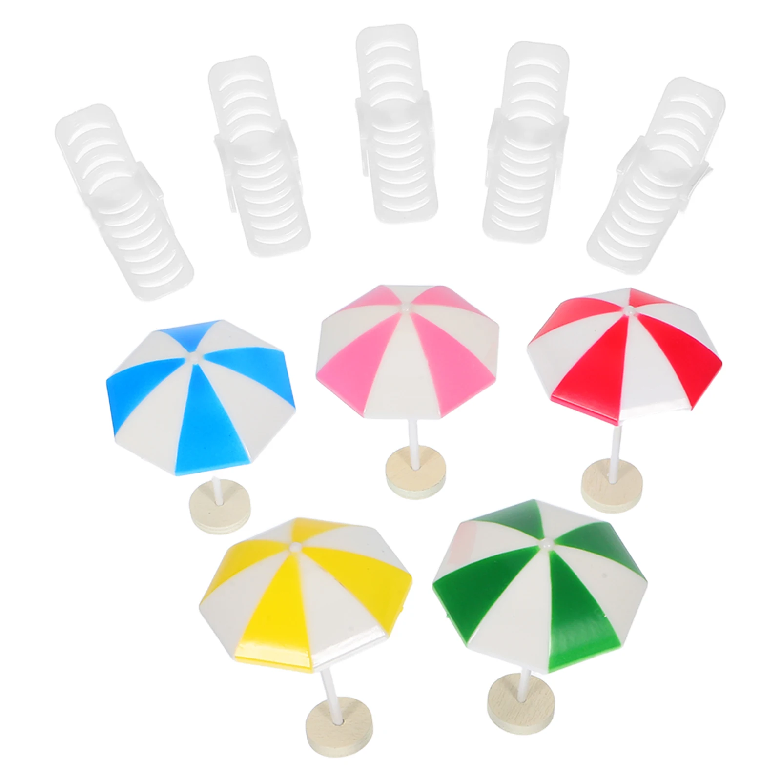 5er-Set Mini-Strandschirme, 5 Sets, Miniaturen, Basteln, Puppenhaus, Meer, kleiner Sonnenschirm, Gartenfotografie-Requisiten, Spielzeug, Möbel