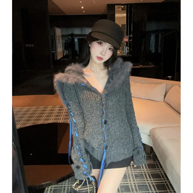 

Вязаный открытый кардиган с меховым воротником в американском стиле ретро, женский осенне-зимний теплый свитер Jaet V-ne Long Sve