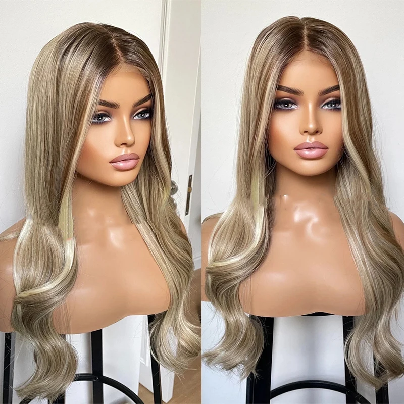 Highlight Ash Blonde Lace Front Wig Ombre Brown Blonde Long Wavy Heat Safe Futura Hair Rooted 13x4 Synthetic Lace Wigs for Women