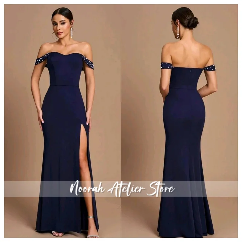 Customized navy blue Jersey Evening Dress Exquisite Strapless Sleeveless Homecoming Dress Classic Zipper Back Party Dress