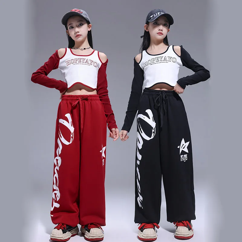 

Kid Hip Hop Clothing Black Red Off Shoulder Crop Top Long Sleeve T Shirt Casual Sweat Pants for Girls Jazz Dance Costume Clothes