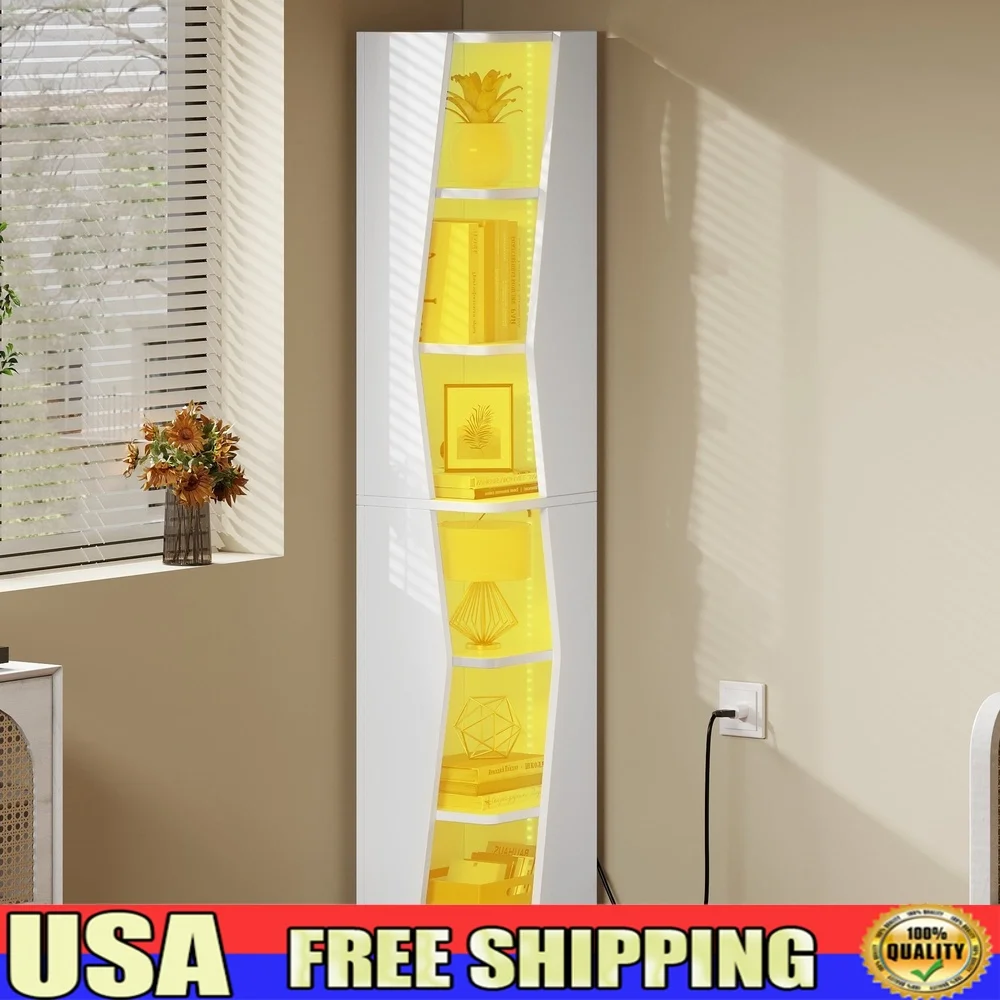 

6 Tier Narrow Bookcase with LED Light Modern Geometric Corner Shelf Storage Organizer Living Room Home Office Display