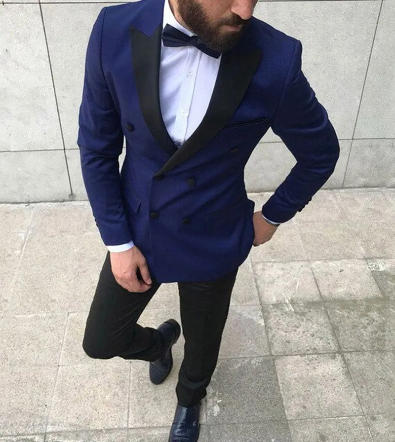 

Costume Homme Navy Blue Men Suits Double Breasted For Wedding Slim Fit Groom Tuxedos 2 Pieces Set Suits Jacket With Pants