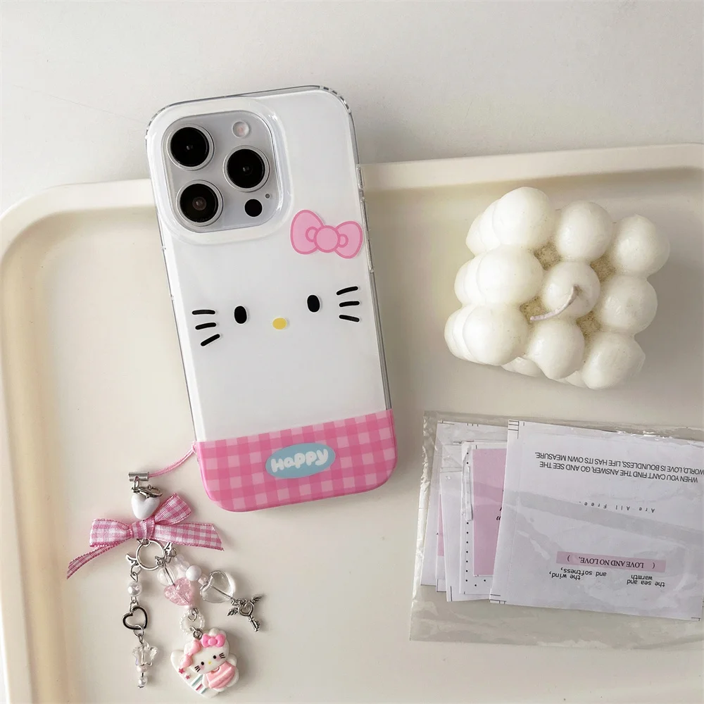 

Корейский милый клетчатый чехол для телефона Hellokitty для iPhone 14, 15, 16 Pro Max, чехол с подвеской, милая противоударная задняя крышка с защитой от падения
