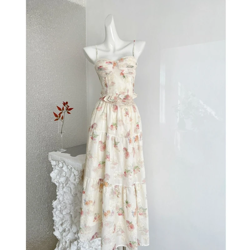 

Women's Summer Elegant Two Piece Set Women's Flower Printed Short Strap Tank Top High Waist A-line Long Skirt Sweet Set