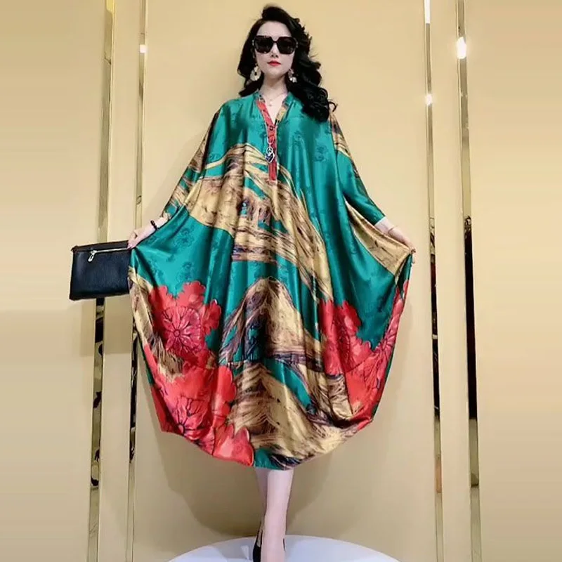 2024 New Fashion Oversized Trend Pullovers Women\'s Clothing Streetwear Half Sleeve Midi Dress Vintage Printing A-line Skirt