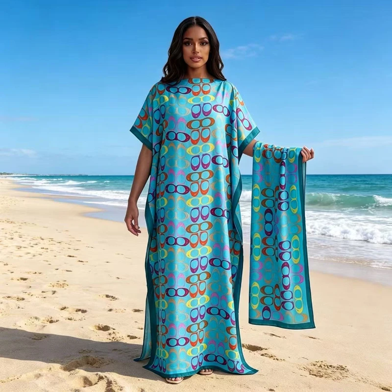 

2 Pcs Hoodies and Scarves 2026 New Hot-selling Style Ladies Loose Long Dress Simulation Silk Women's Beach Blouse and Robe