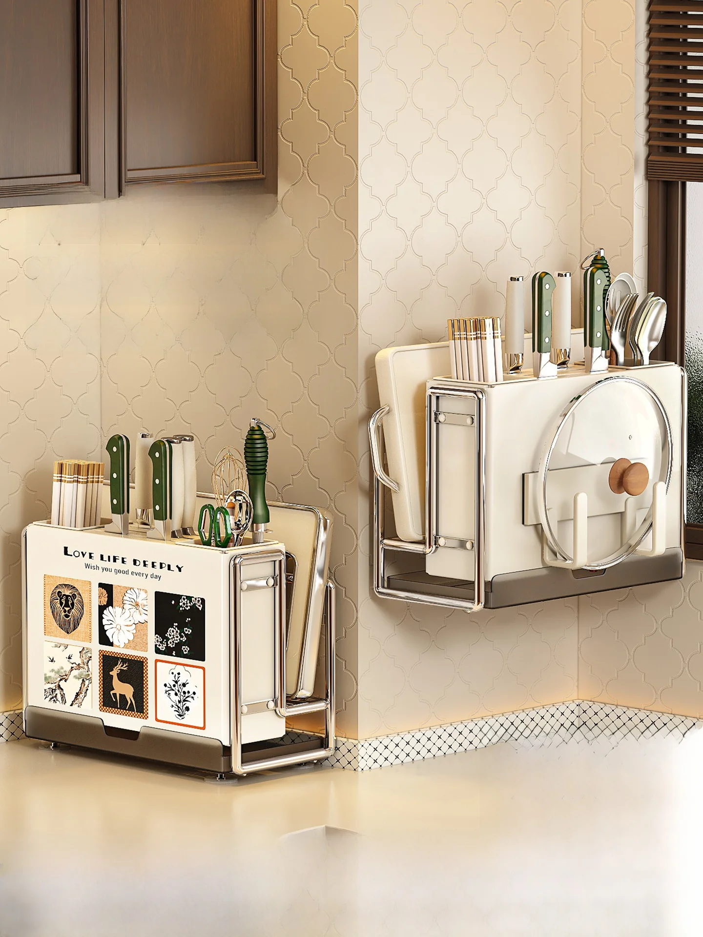 

Современная винтажная настенная подставка для кухонных ножей и разделочных досок с интегрированной многофункциональной подставкой для палочек для еды, новая модель 2025 года