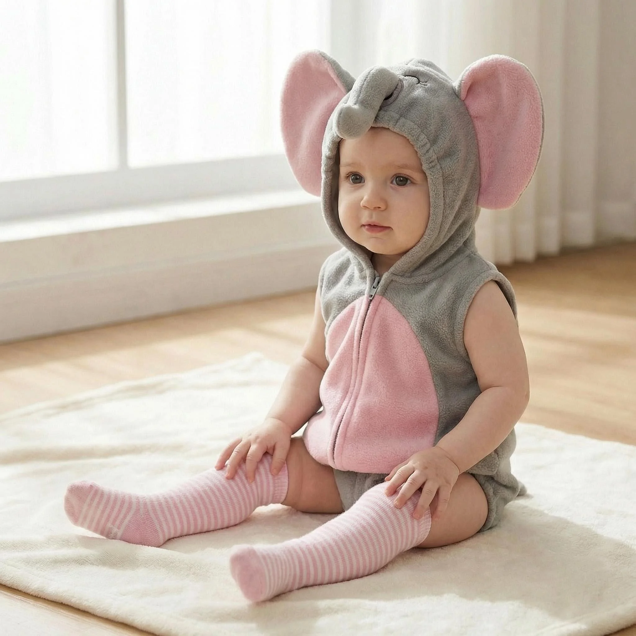 

Cartoon Little Elephant Mouse Costume for Baby Infant Girls Hooded Sleeveless Short Romper With Pink Striped Stockings