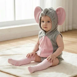 Cartoon Little Elephant Mouse Costume for Baby Infant Girls Hooded Sleeveless Short Romper With Pink Striped Stockings