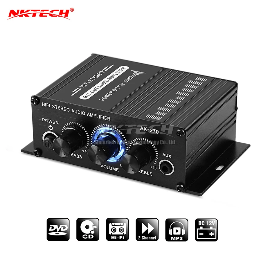 NKTECH AK-270 Digital Player Car Power BTL OUT Audio Amplifier HiFi Stereo Home 2Channel 20W RMS CD MP3 AUX RCA MINI Portable