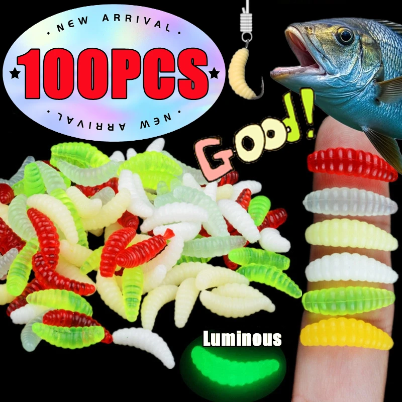 

Wholesale 50/100PCS Maggot Grub Soft Fishing Lure Hooks Smell Woems Glow Shrimps Fish Lures Soft Bait Gelatinous Baits 2cm 0.2G