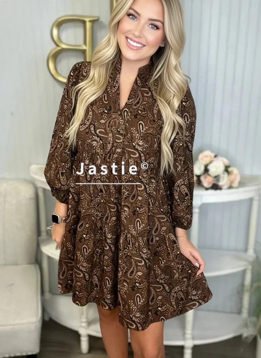 Minivestido Vintage con estampado de Cachemira marrón, cuello levantado, mangas largas abombadas, vestidos de mujer para primavera y otoño, Vestido de playa informal Retro bohemio