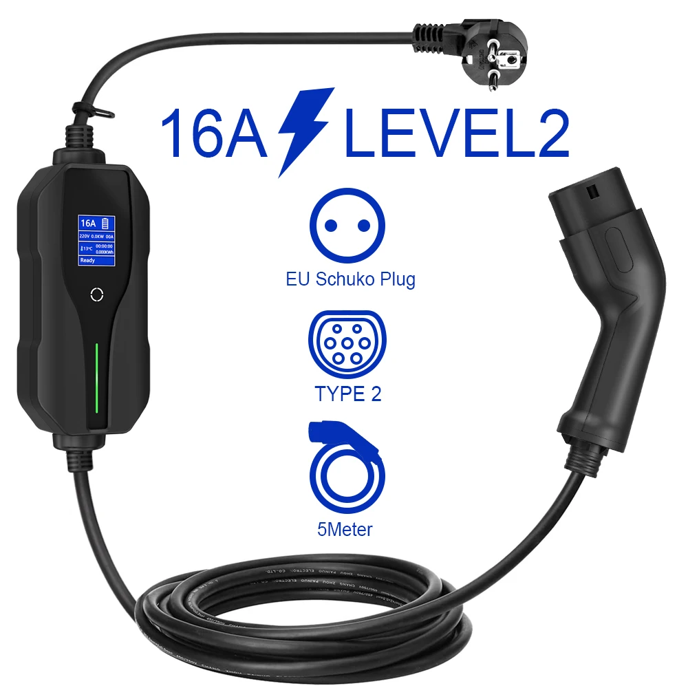 Mode 2 Type 2 Protable EV Charger IEC62196 3.6KW 16A 1 Phase Electric Car Current Adjustable 5/6/7.5 Meters Charging Cable