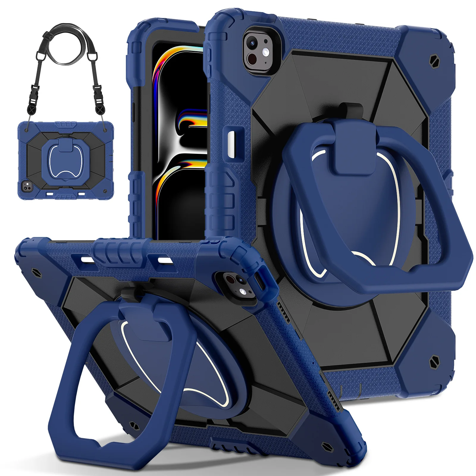 Rotating Stand Case For iPad Pro 13 2024 M4 Heavy Duty Armor Cover With Handle Grip and Shoulder Strap