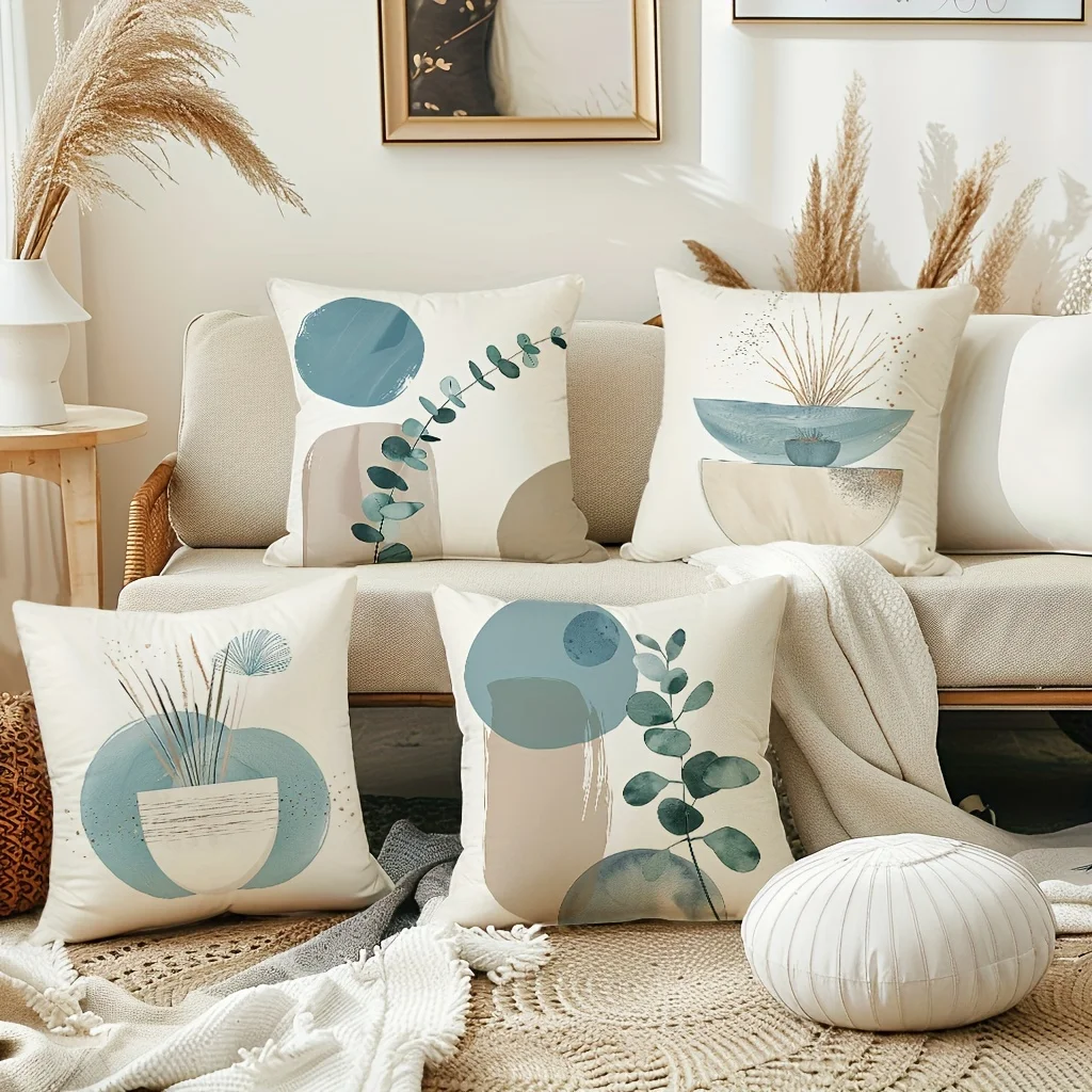 Neutral Nature Style Pillow Covers, Watercolor Eucalyptus & Potted Grass Print Cushion Cases, Cozy Home Decor for Living Room