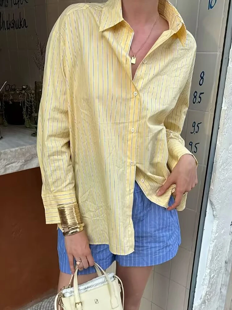 

Винтажные женские полосатые желтые свободные рубашки 2025, модные женские праздничные повседневные топы для женщин, милые блузки, шикарная одежда для девочек