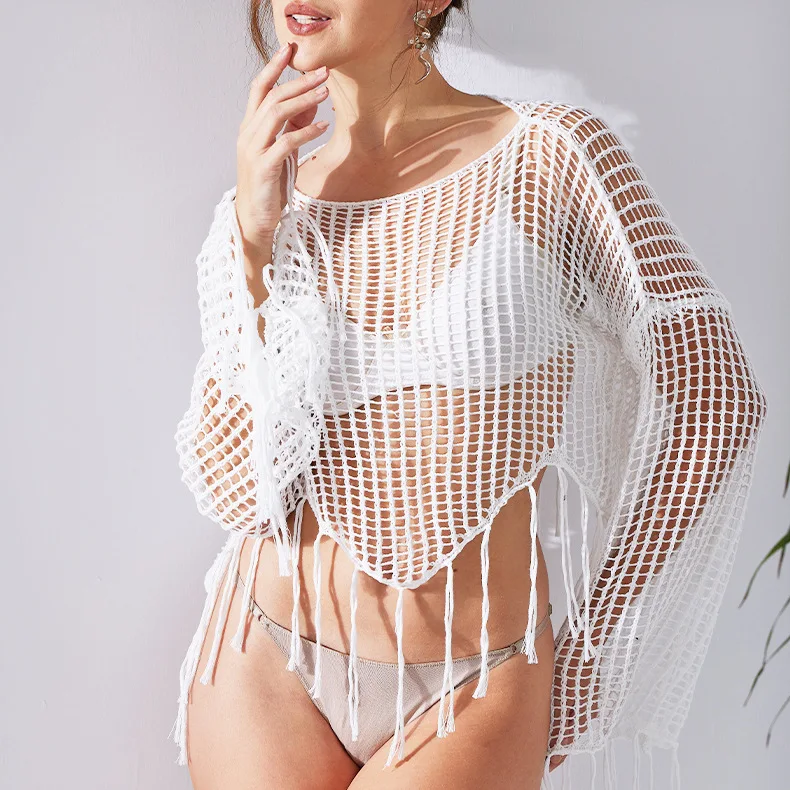 

Summer Short Sleeve Hollow Knit Sweater Fringe Loose Layering Top