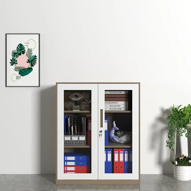 Lockable 2-Door Modern Metal Filing Cabinet White Cold Rolled Steel Storage with Adjustable Shelf & Glass Door