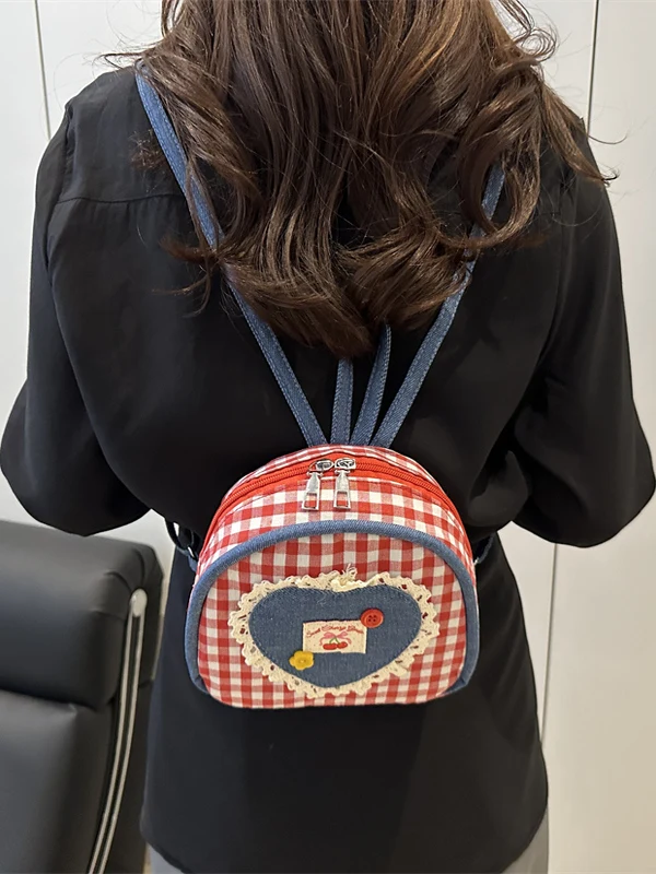 Casual Plaid Canvas Backpack Women's 2025 New Fashion College Style Double Shoulder Bag Cute Cartoon Girl Feeling Backpack