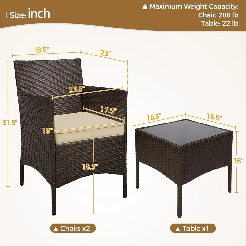 3 Pieces Patio Porch Furniture Set, Outdoor PE Rattan Wicker Conversation Set with Soft Cushions, Glass Coffee Table