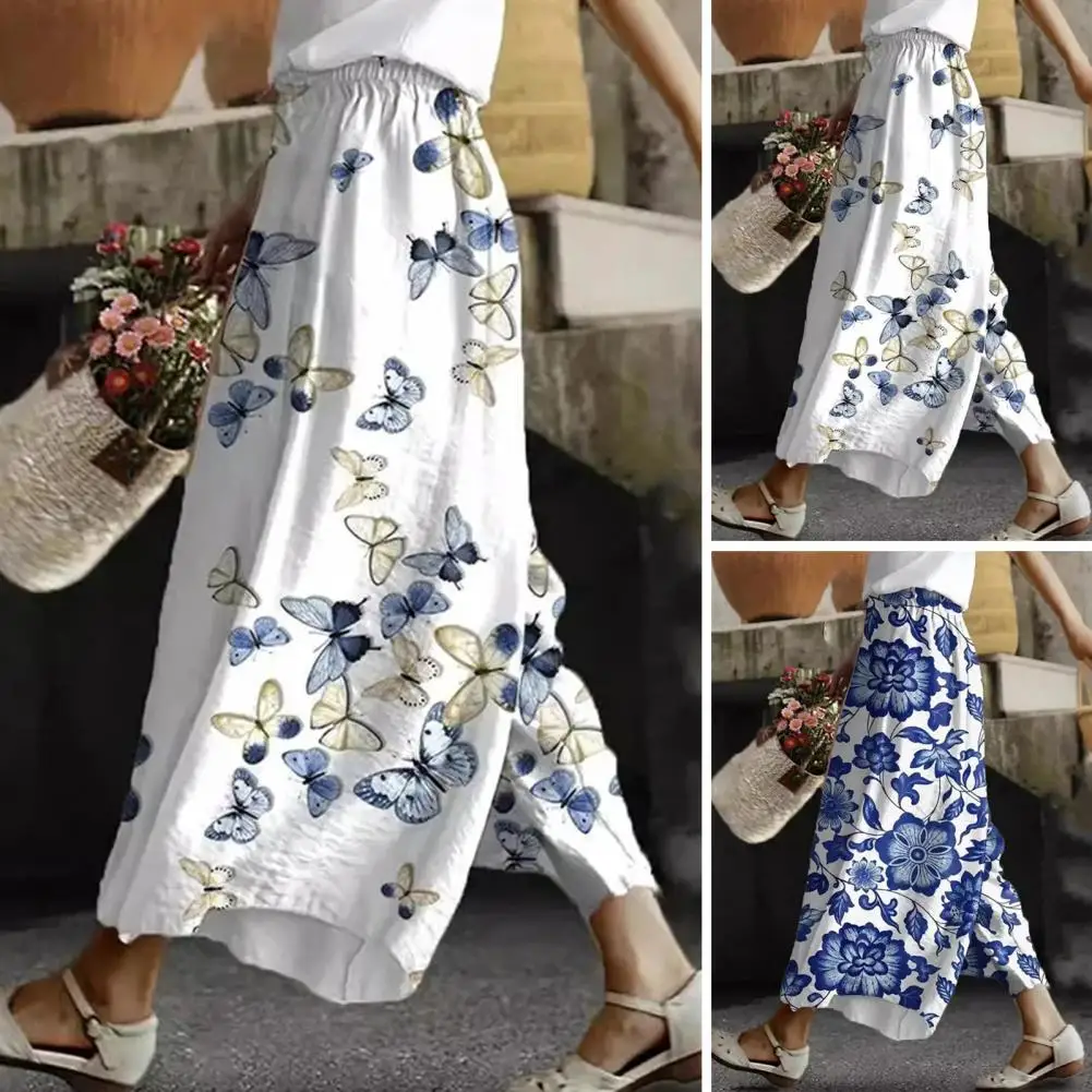 

Women Pants Butterflies Floral Print Elastic Waist Casual Trousers Oversized Wide Leg Long Pants Daily Wear