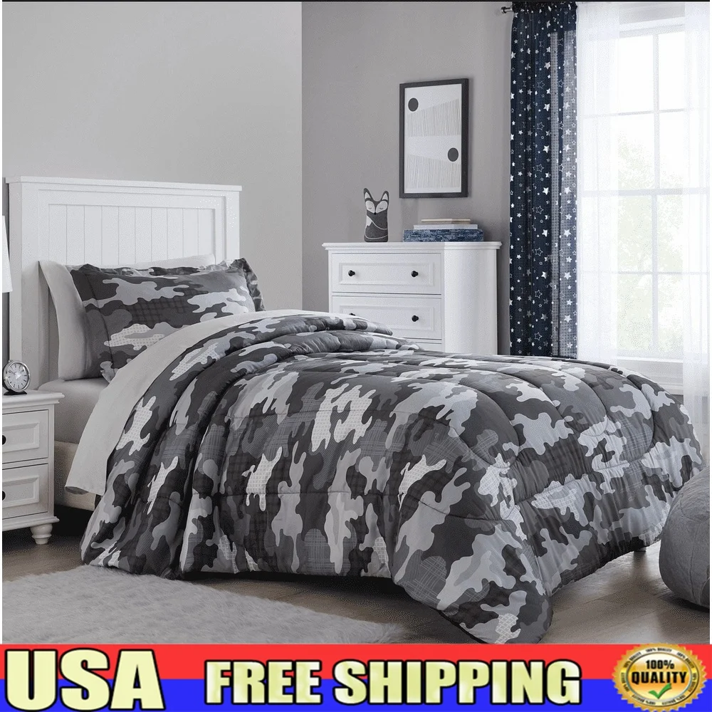 

5-Piece Kids Camouflage Bedding Set Twin Comforter Shams Sheets Pillowcase Storage Bag Soft Microfiber Reversible Durable Easy