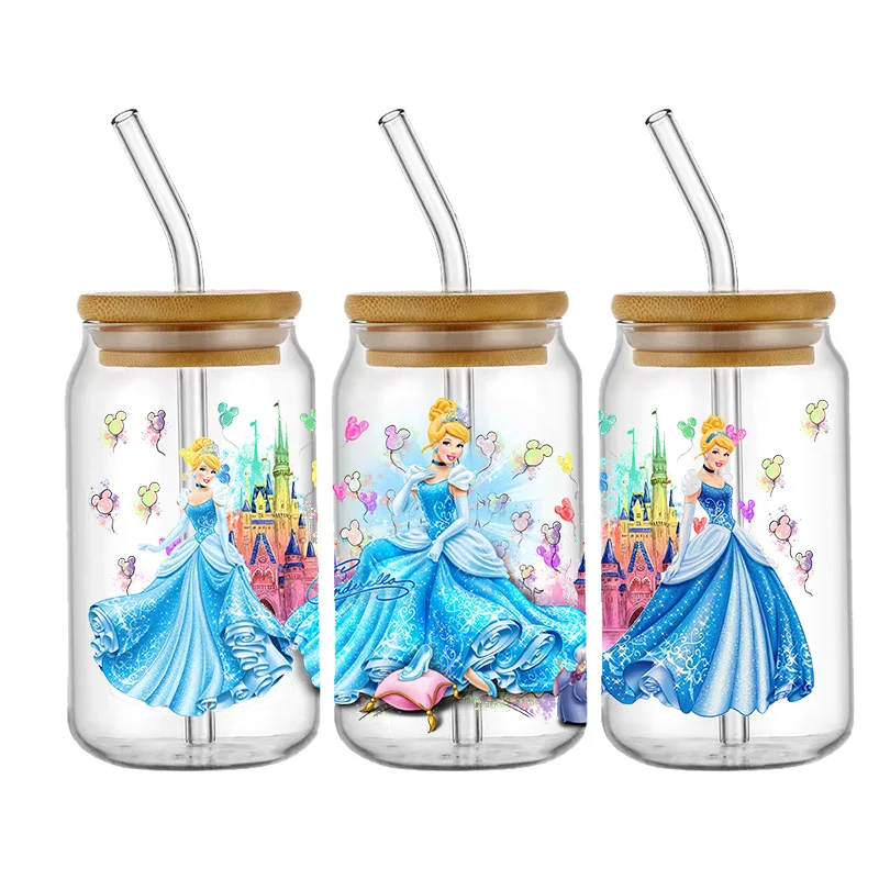 Disney Princess 16oz Libbey UV DTF Glass Can Wrap Cartoon Movie Magical Glass Can Design Princess Tumbler Wrap