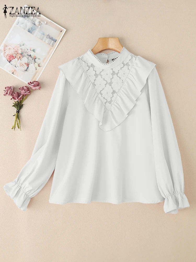 Fashion Women Long Lantern Sleeve Blouse ZANZEA Spring Office Shirt Stylish Lace Crochet Holiday Tops Tunic Oversize Chemise