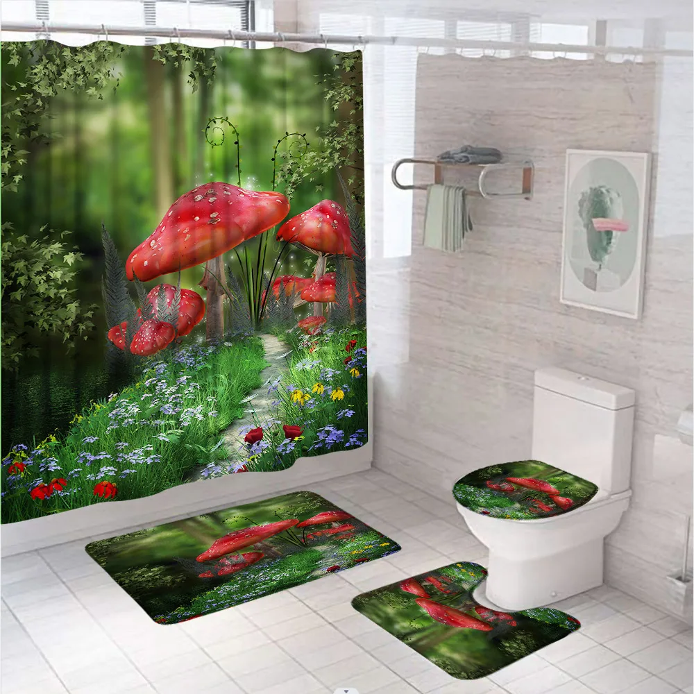 

Fantasy Mushroom Shower Curtain Set Non-Slip Rug Bath Mat Toilet Cover Fairy Tale Forest Path Tree Jungle Flower Bathroom Screen