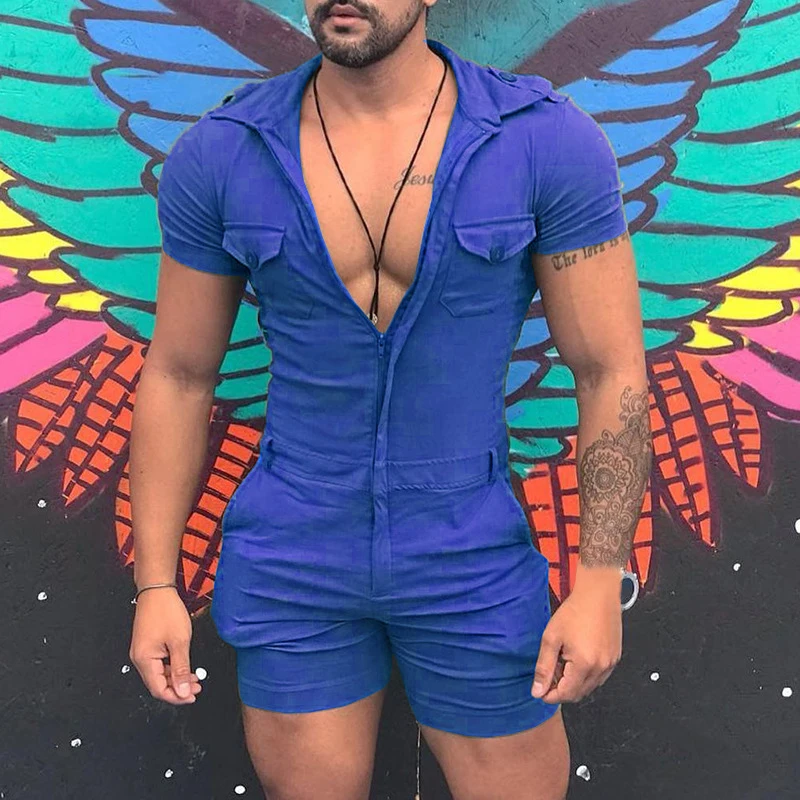 Vintage Zip-up Slim Mens Jumpsuits Summer Sexy Skinny Tight Playsuits Men Streetwear Trendy Solid Color Shorts Romper Overalls