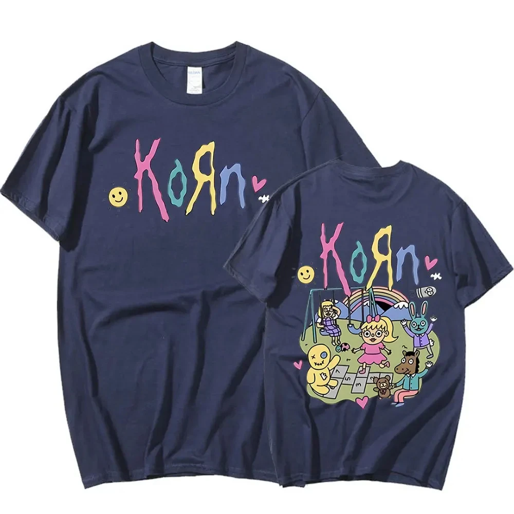 Camisetas de manga corta para hombre, Camisa de algodón con estampado de álbum de música, banda de Rock de dibujos animados Korn, ropa de calle