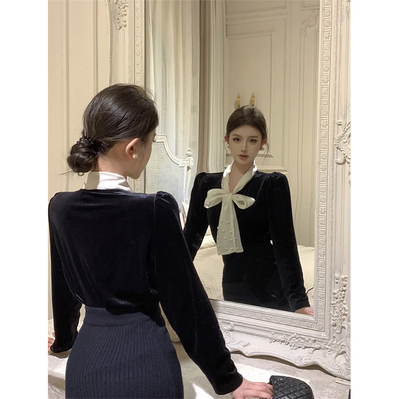 MEXZT Vintage Bow Shirts Women Elegant Black Velvet Blouses Office Lady Korean Party Long Sleeve Chic Basic All Match Tops New