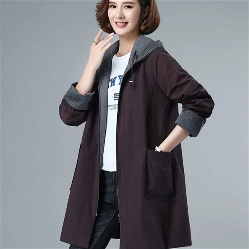 2022 New Spring Women\'s Jacket Long Sleeve Overcoat Casual Loose Basic Coat Hooded Windbreaker Female Loose Jackets Outwear 6XL