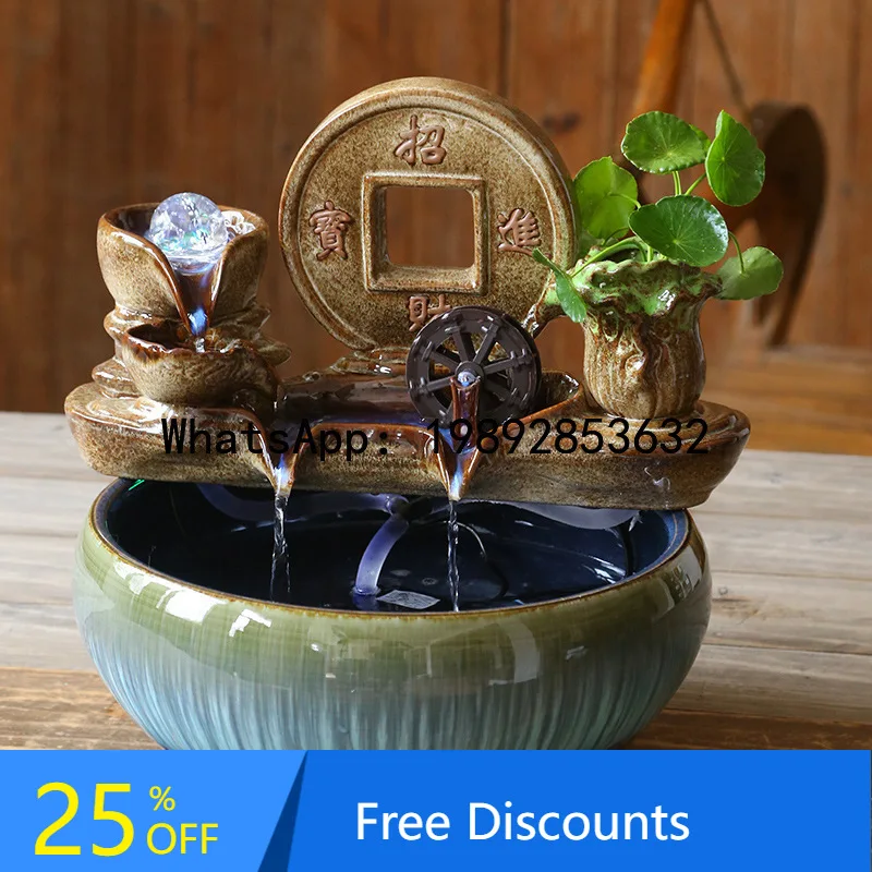 ZK New Chinese Style Ceramic Feng Shui Circulating Water Ornament Living Room Creative Windmill Water Feature Fish Tank