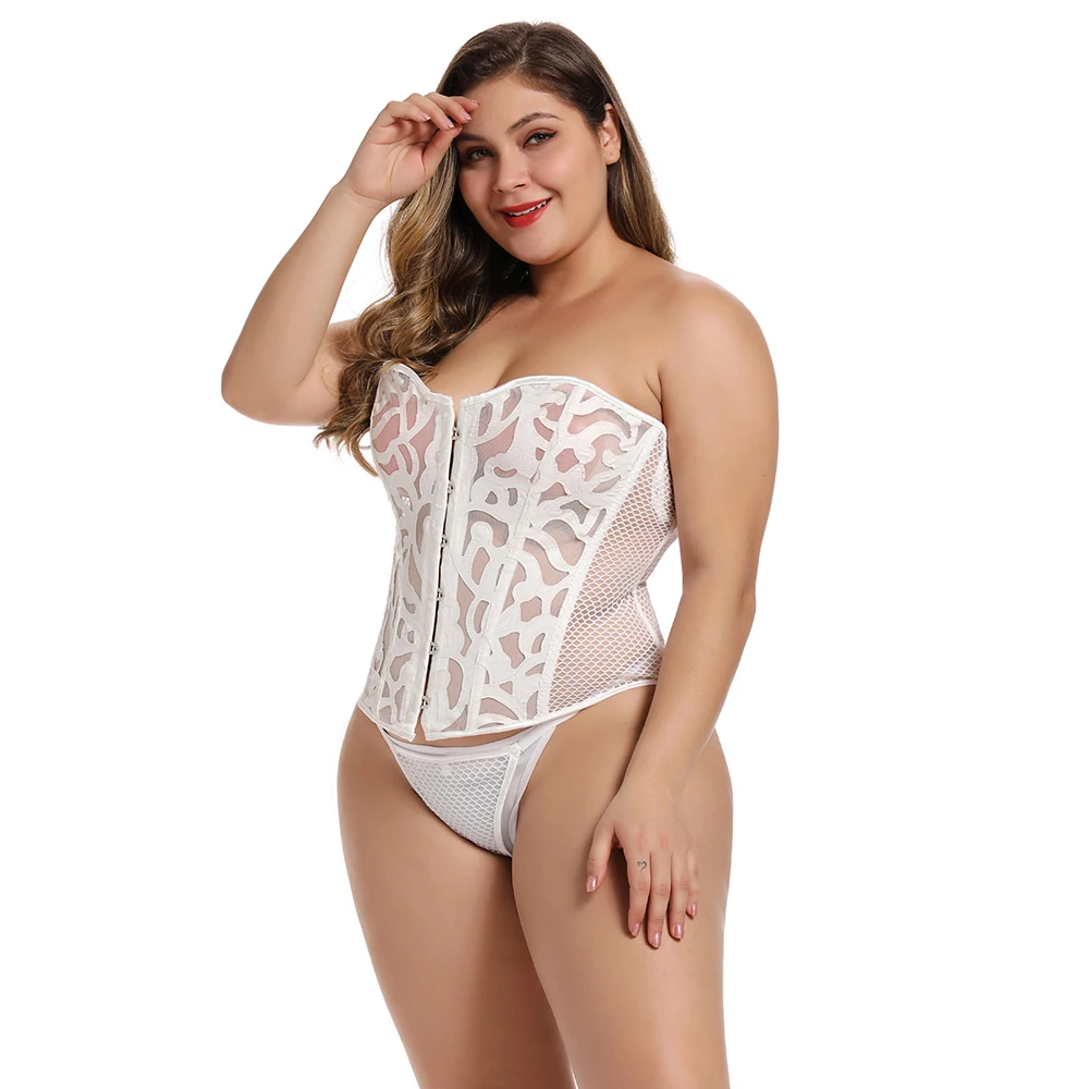 Plus Size Sexy Transparant Mesh Corselet Uitgehold Corset Bustier Top Ademende Shapewear Kostuums