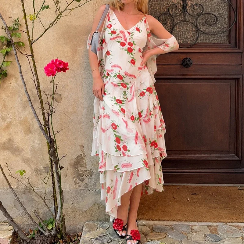 Chic Vintage Print Backless Multi-Layer Dress Elegant Tie Up Irregular Fit Beach Vacation Dress Sexy Straps Off Shoulder Splice