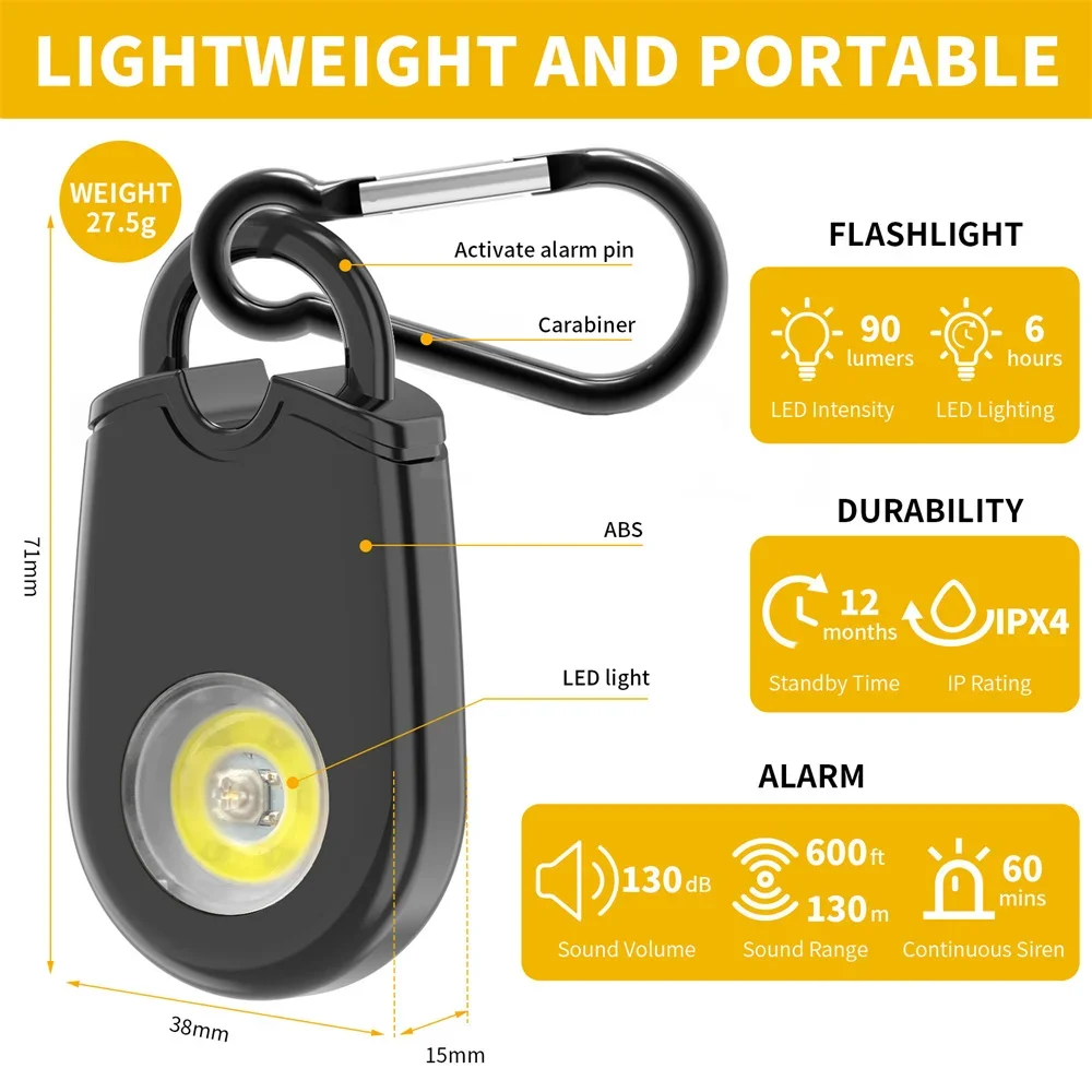 การป้องกันตัวเองไซเรนปลุกความปลอดภัยสําหรับผู้หญิงพวงกุญแจที่มี 130dB SOS ไฟ LED สัญญาณเตือนภัยส่วนบุคคลปลุกพวงกุญแจความปลอดภัยส่วนบุคคล