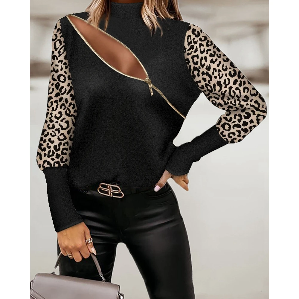 Mode Lente Herfst Vrouwen Tops Elegante Patchwork Sexy Rits Koude Schouder Tee Top Office Lady Streetwear T-shirts Kleding